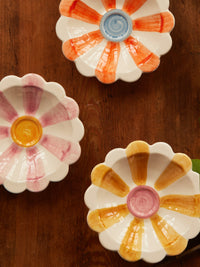 Ceramic Flower Dipping Bowl with Yellow Hand Painted Stripes