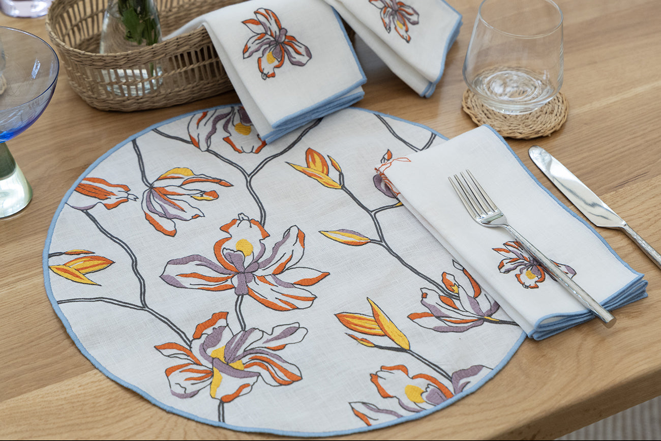 Hand Embroidered Floral Fresco Placemats 16" round (Set of 4)