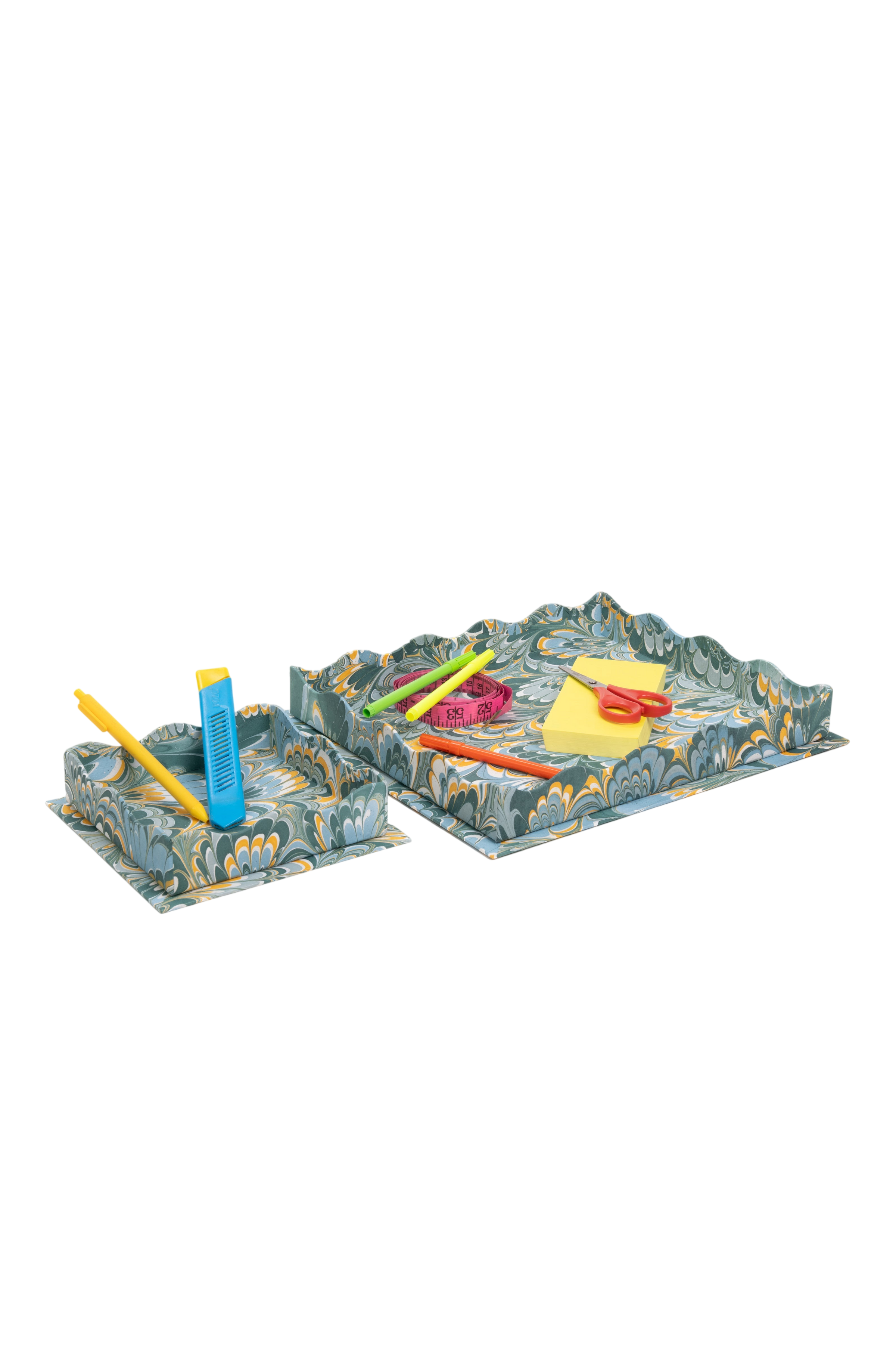Nesting Scalloped Hand-Marbled Trays in Blue