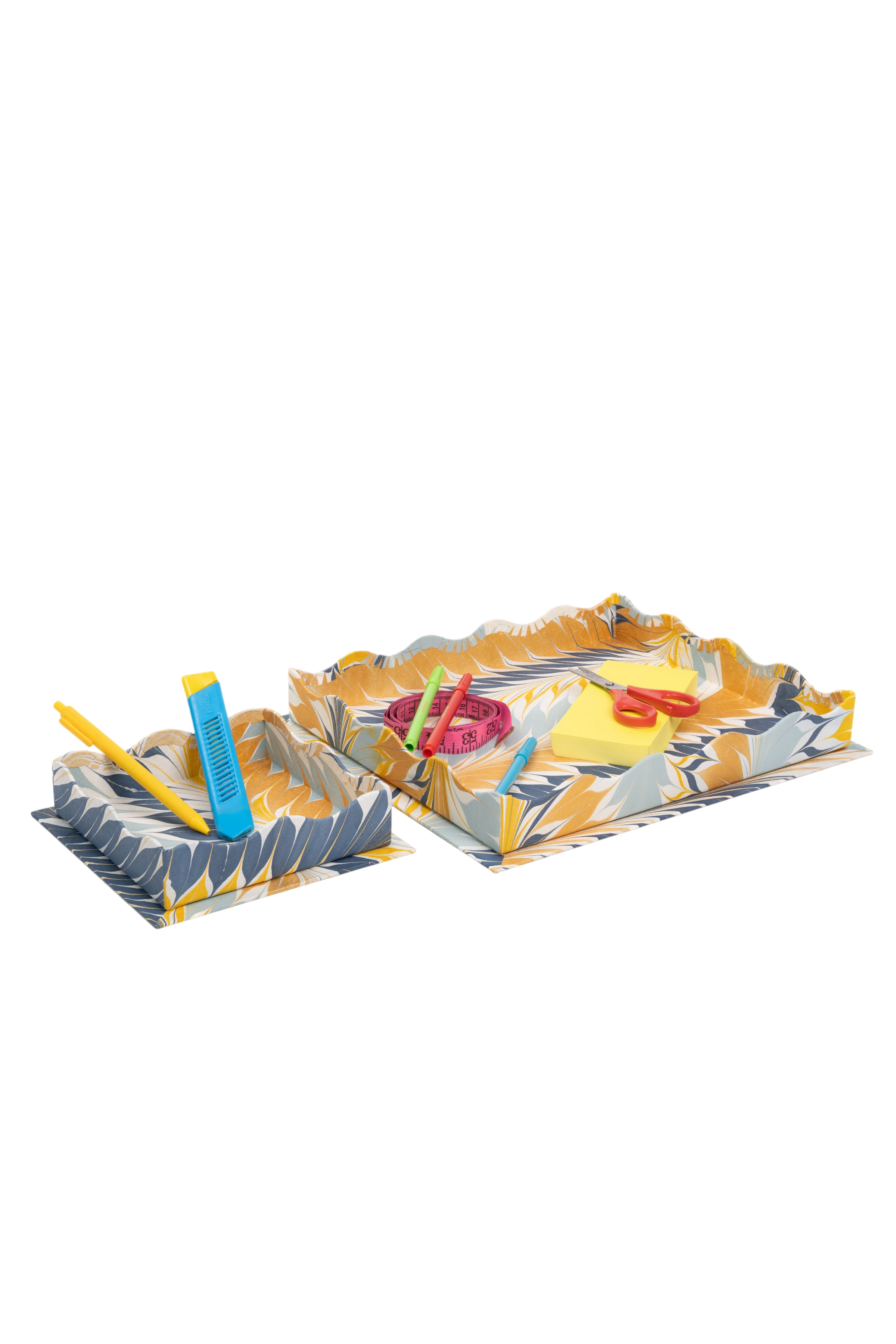 Nesting Scalloped Hand-Marbled Trays in Golden Blue
