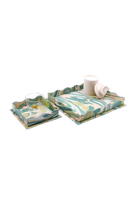 Nesting Scalloped Hand-Marbled Trays in Green and Pink
