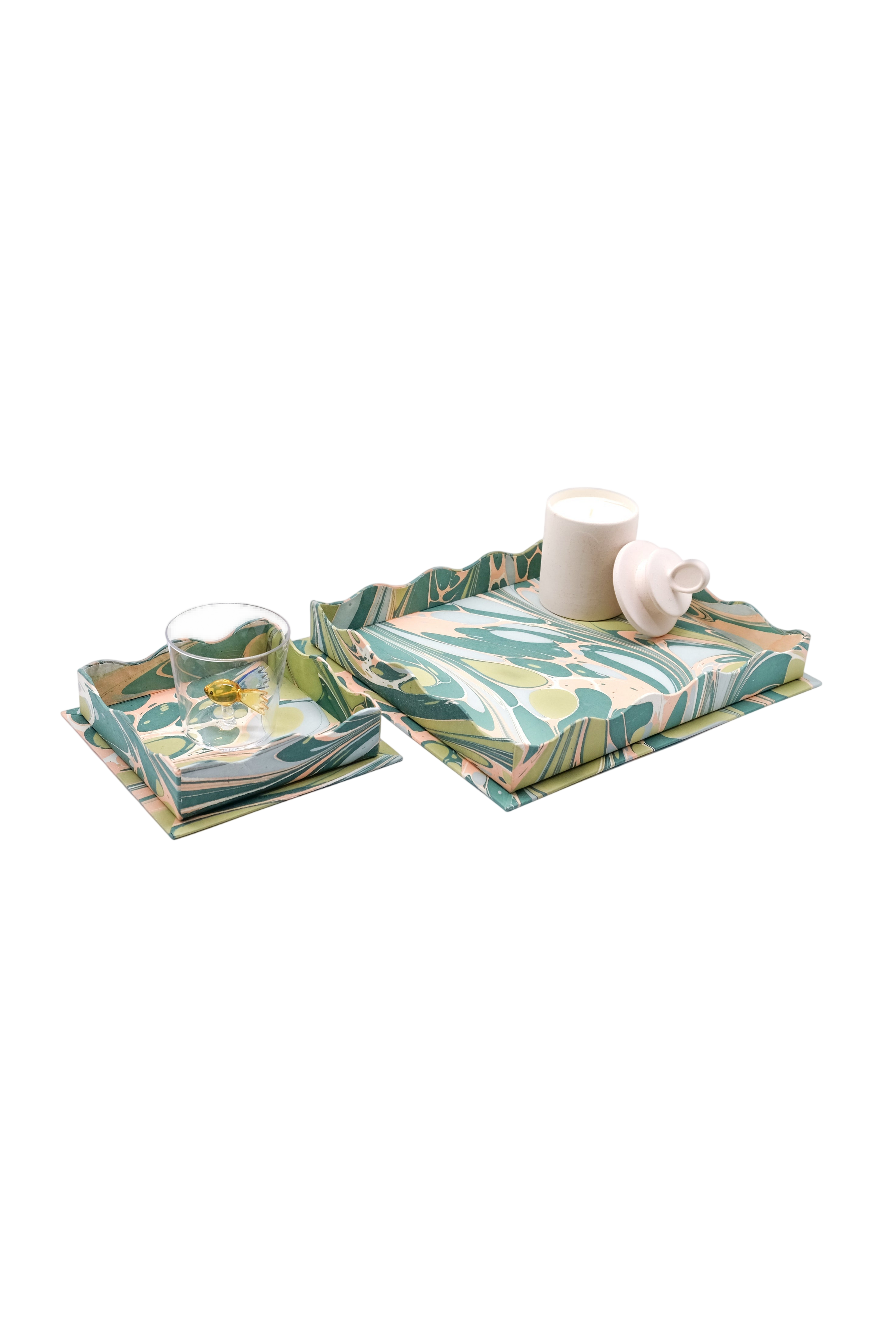 Nesting Scalloped Hand-Marbled Trays in Green and Pink