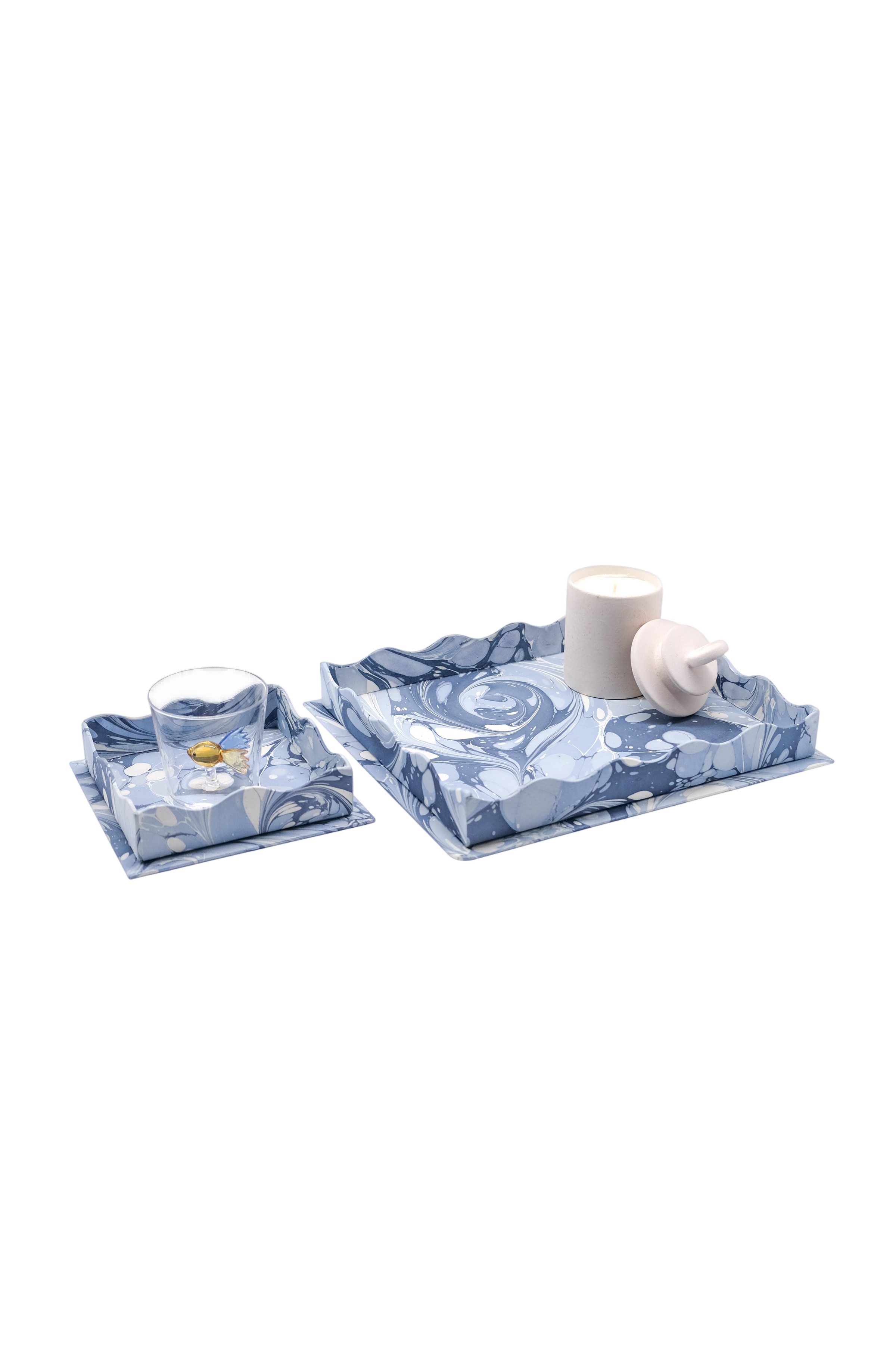 Nesting Scalloped Hand-Marbled Trays in Ocean Wave