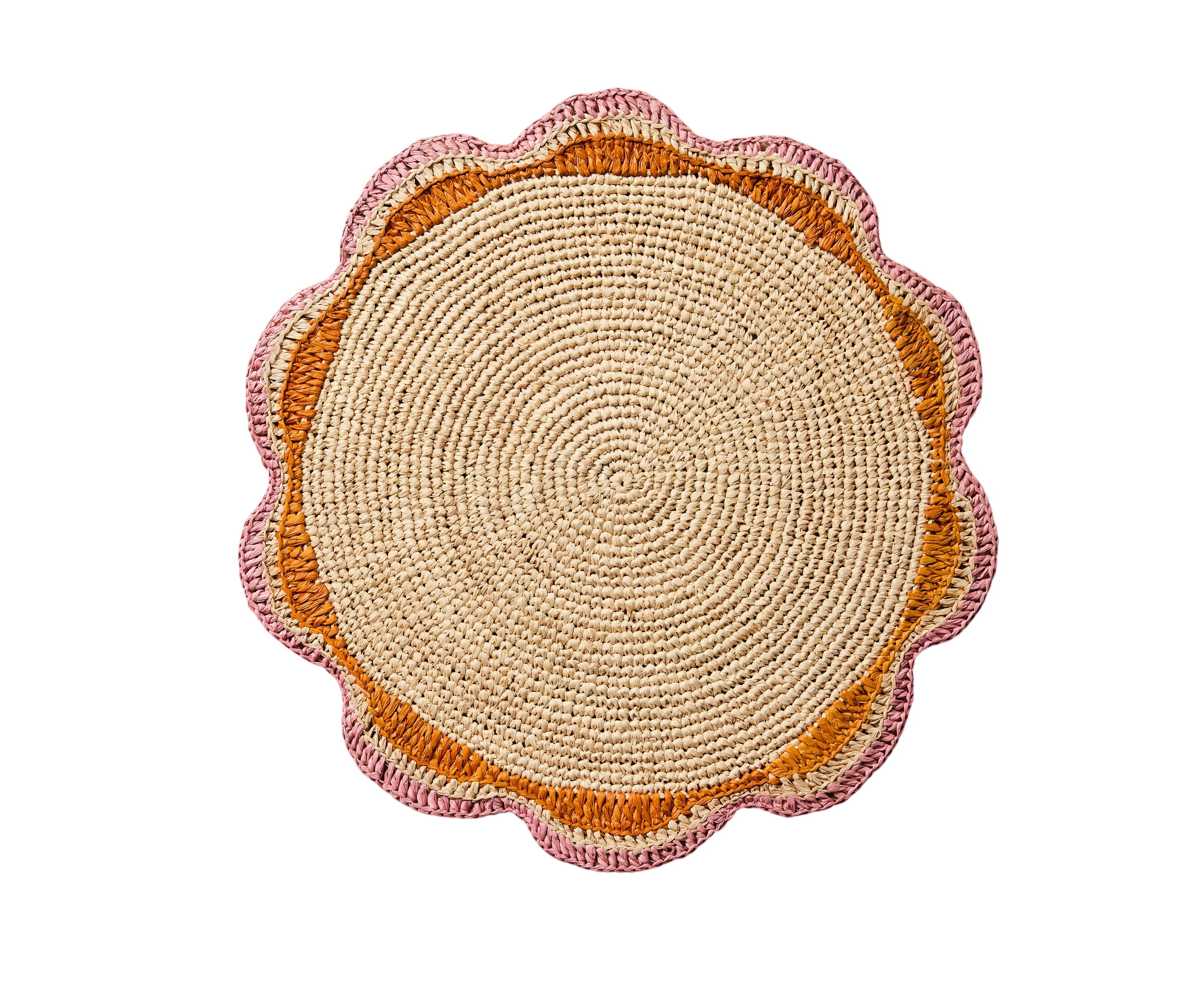 Round Pink Raffia Placemat – 14” Handwoven Crochet – Garden Party & Summer Table Decor