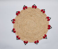 Cherry Scalloped Edge Placemat – 14” Hand-Crocheted Raffia – Artisan Summer Table Decor – Coastal & Boho Dining