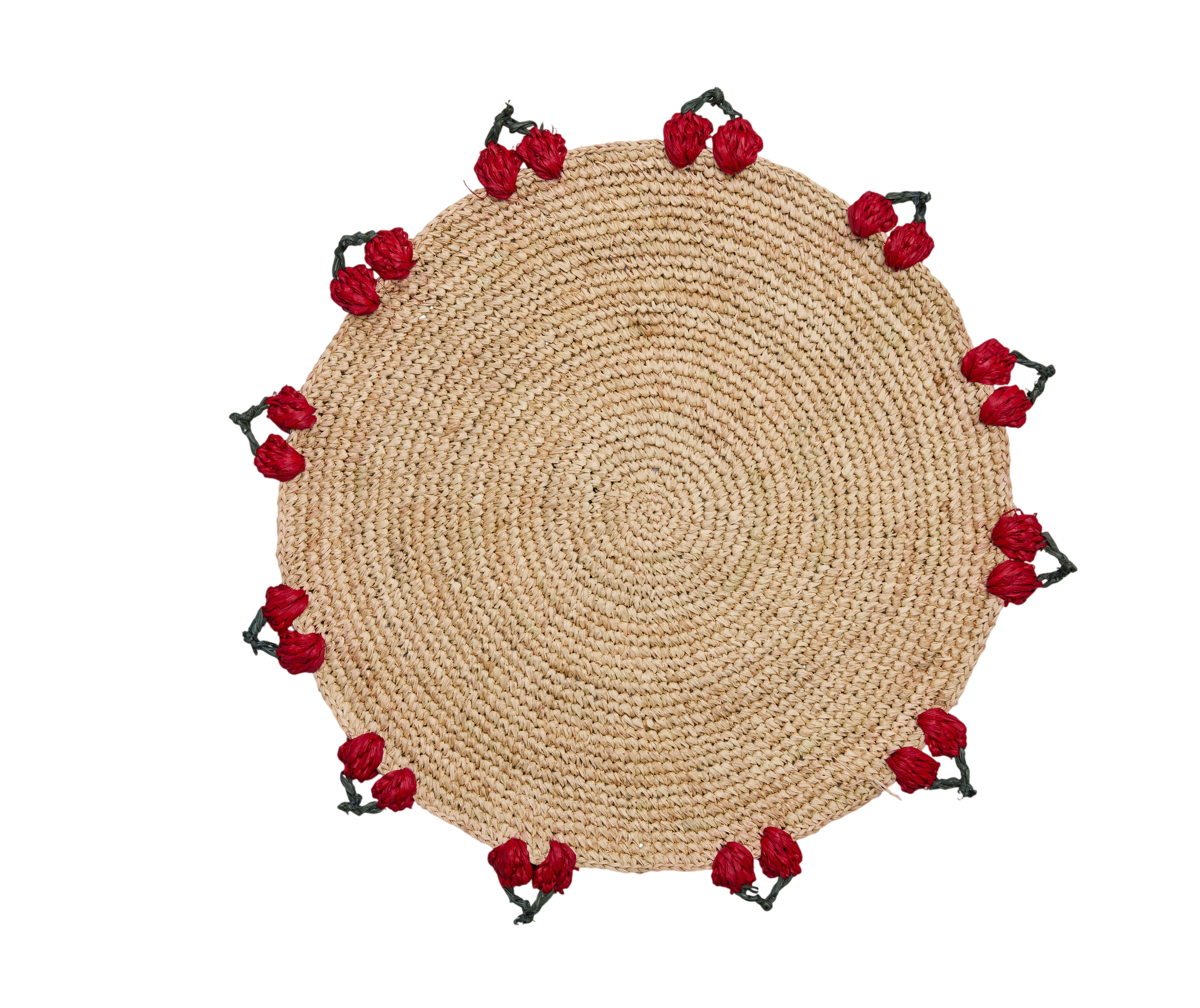 Cherry Scalloped Edge Placemat – 14” Hand-Crocheted Raffia – Artisan Summer Table Decor – Coastal & Boho Dining