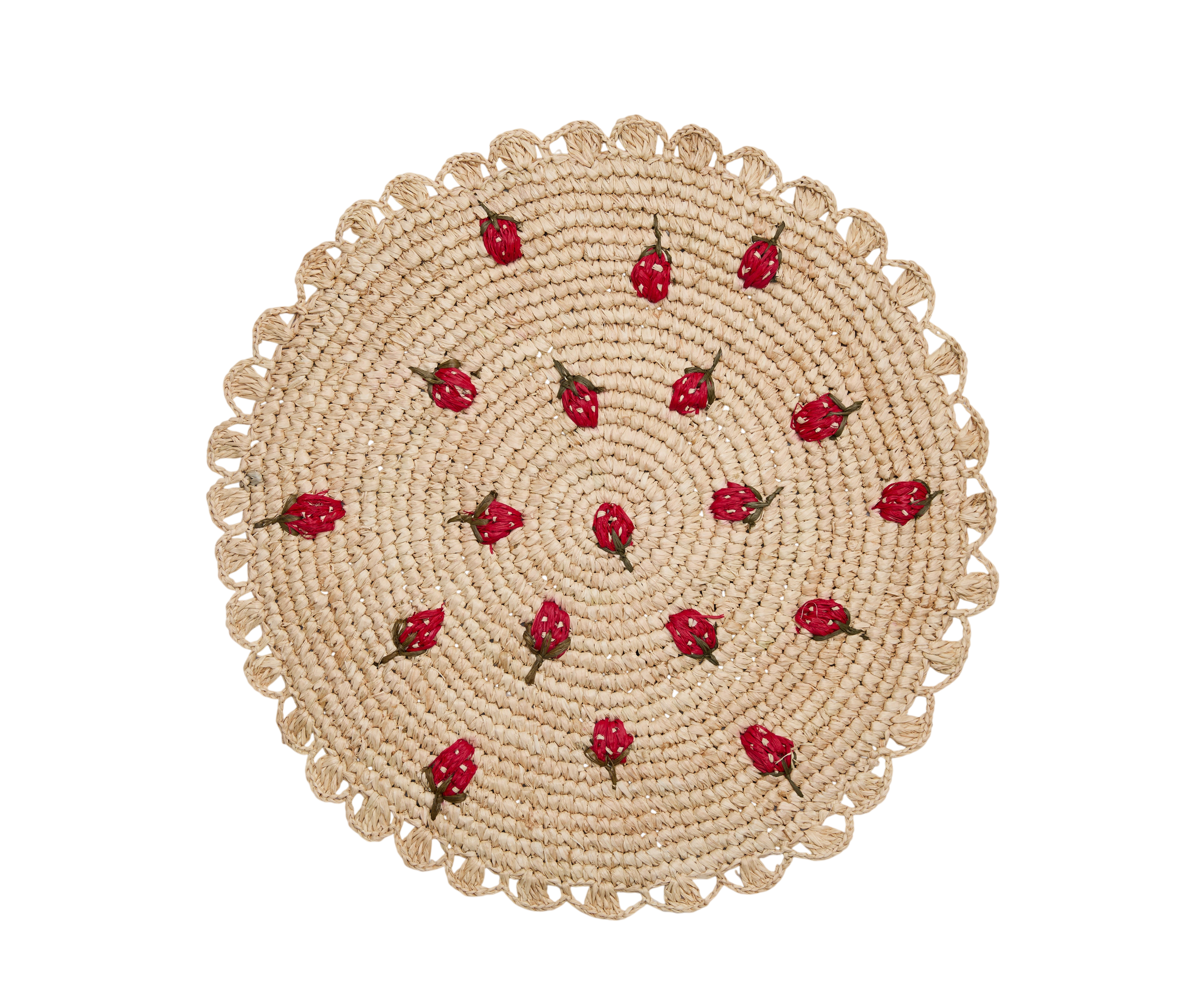 Scattered Strawberry Hand-Crocheted Raffia Palm Round Placemat