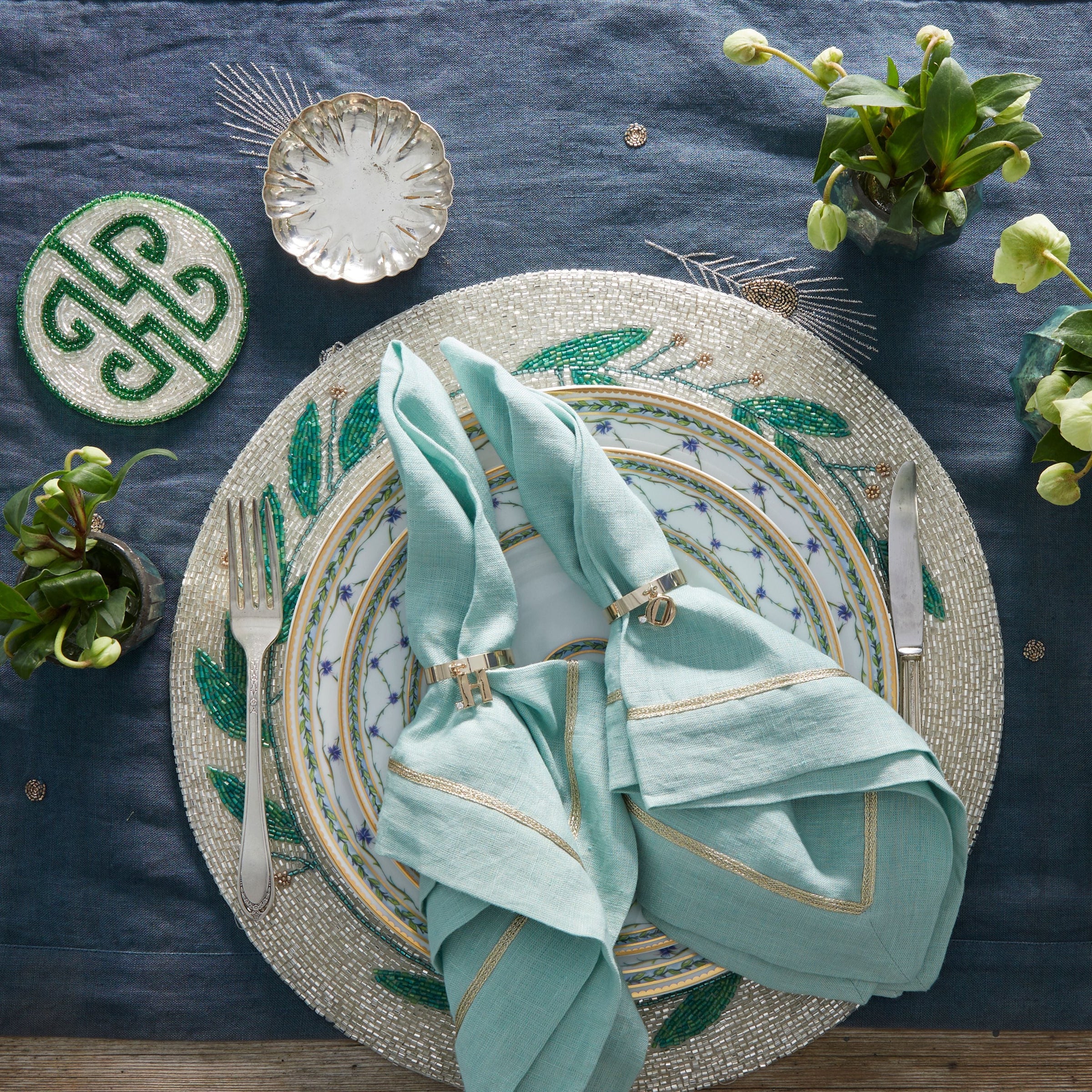 Gold Trim Dinner Napkins - Seafoam (Set of 2)