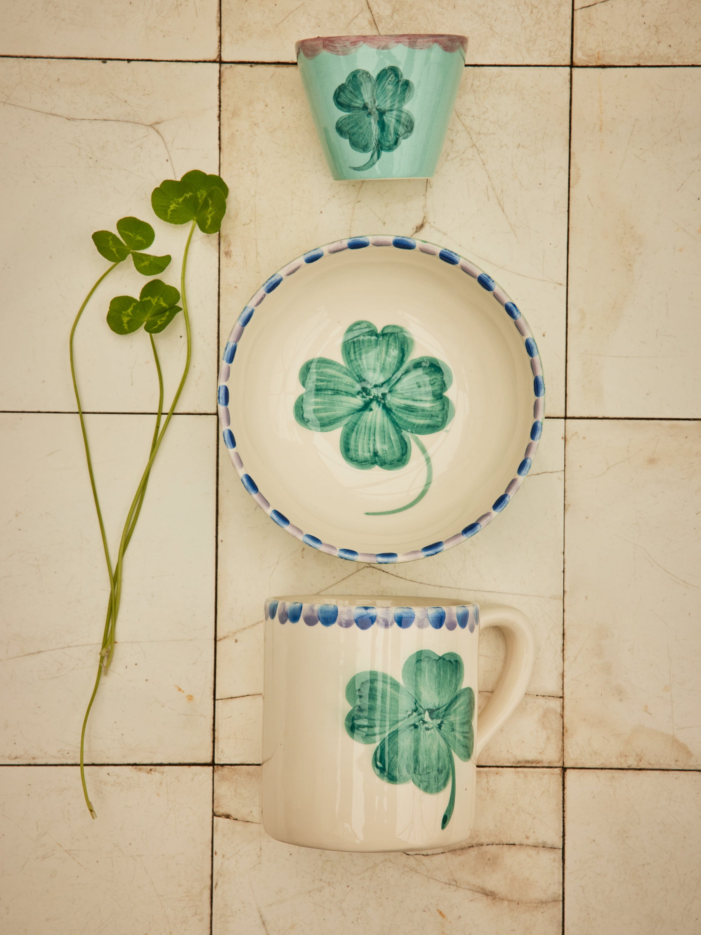 Ceramic Oval Espresso Cup with Hand Painted Good Luck Clover - 2.4 oz