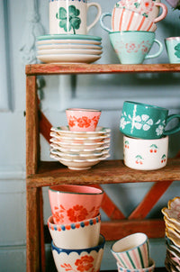 Ceramic Oval Cup with Hand Painted Orange Flower Vine - 10.1 oz