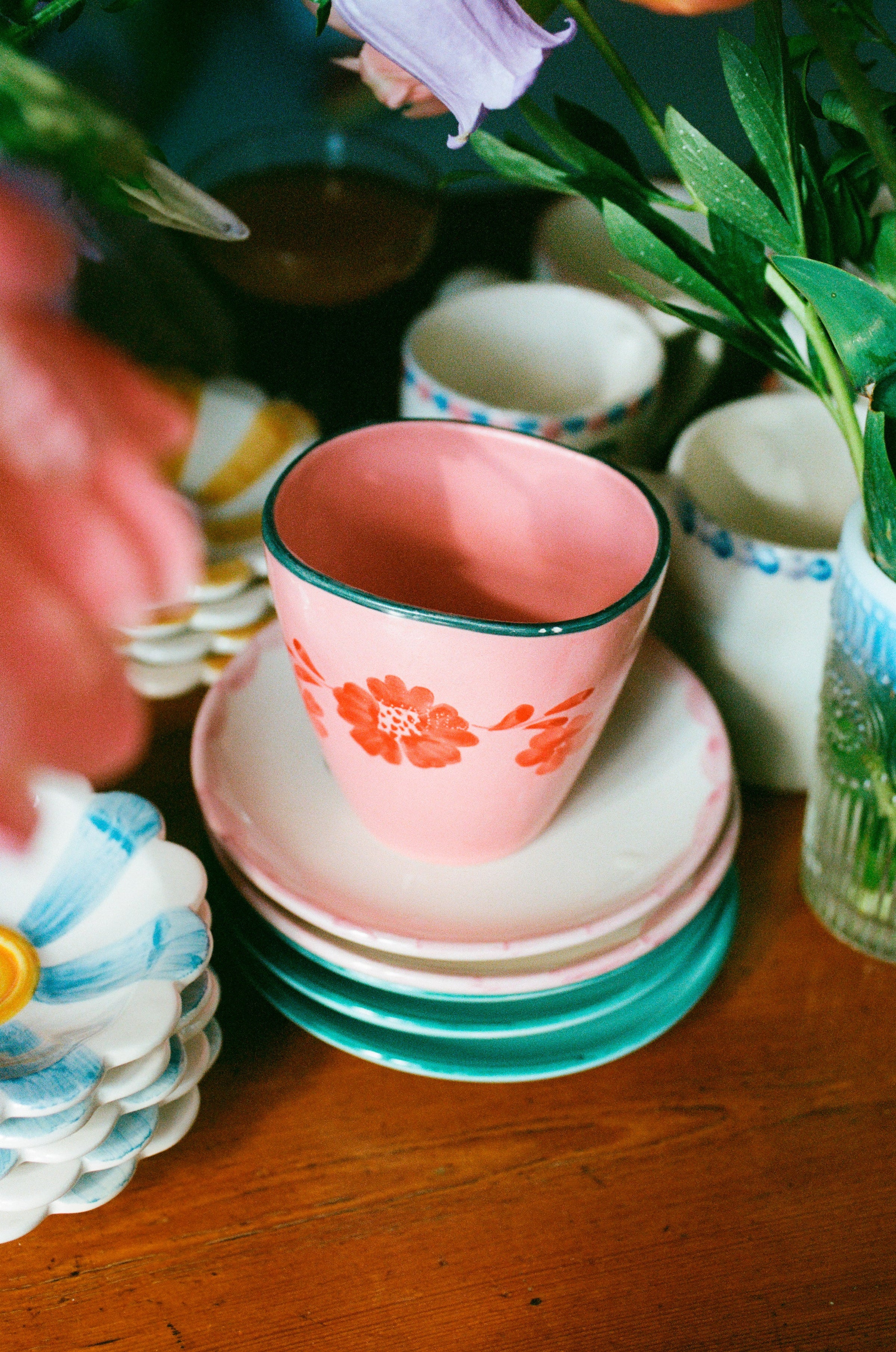 Ceramic Oval Cup with Hand Painted Orange Flower Vine - 10.1 oz