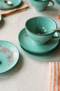 Ceramic Tea Cup with Hand Painted Soft Pink Flower Vine - 5.0 oz