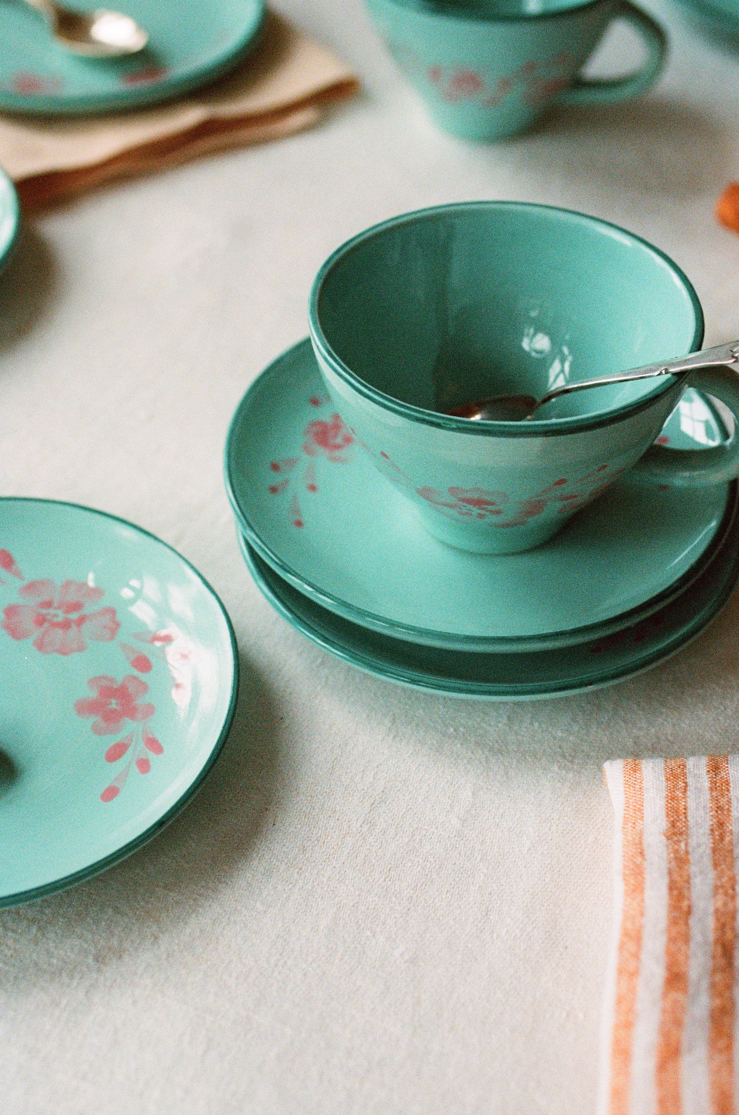 Ceramic Tea Cup with Hand Painted Soft Pink Flower Vine - 5.0 oz