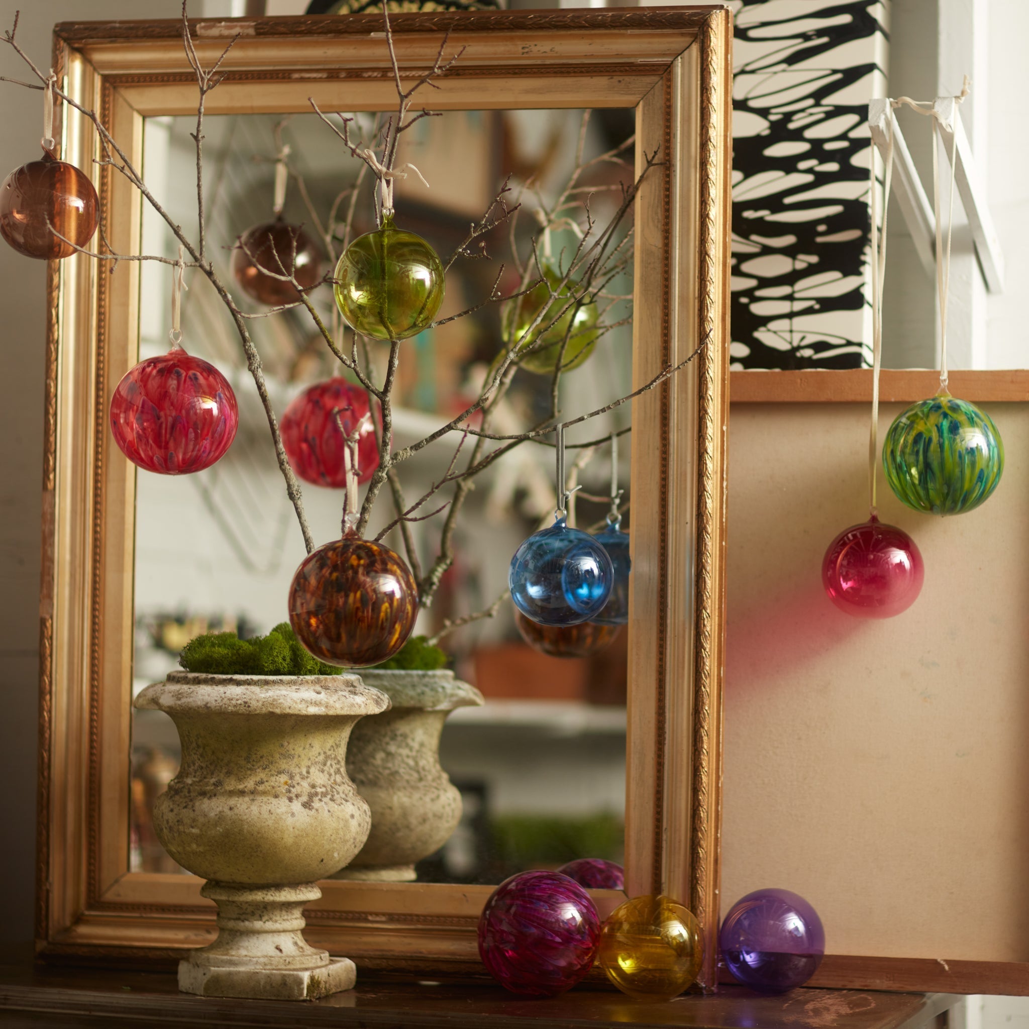 Feather Paint Large Glass Balls - Green (Set of 2)