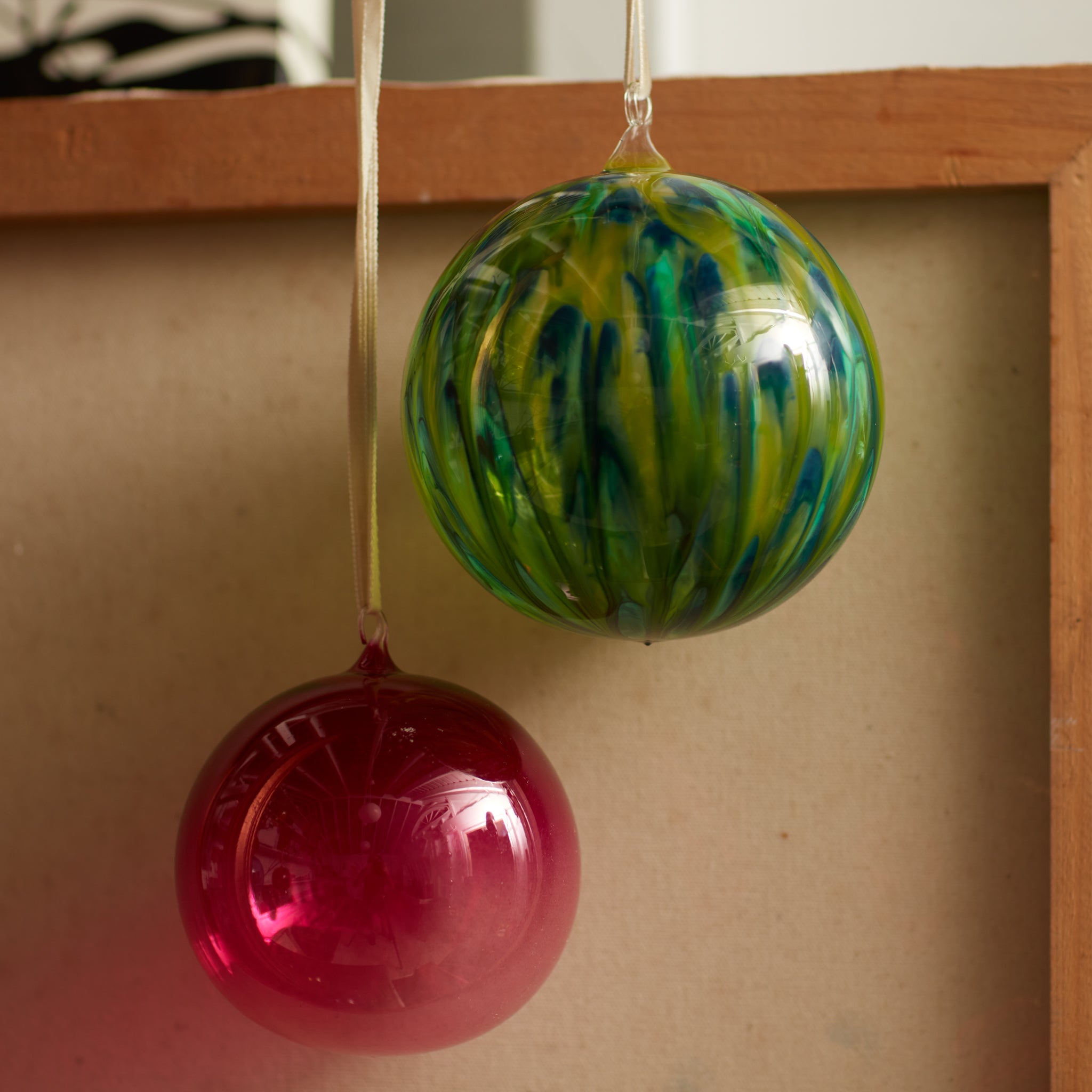 Feather Paint Large Glass Balls - Green (Set of 2)