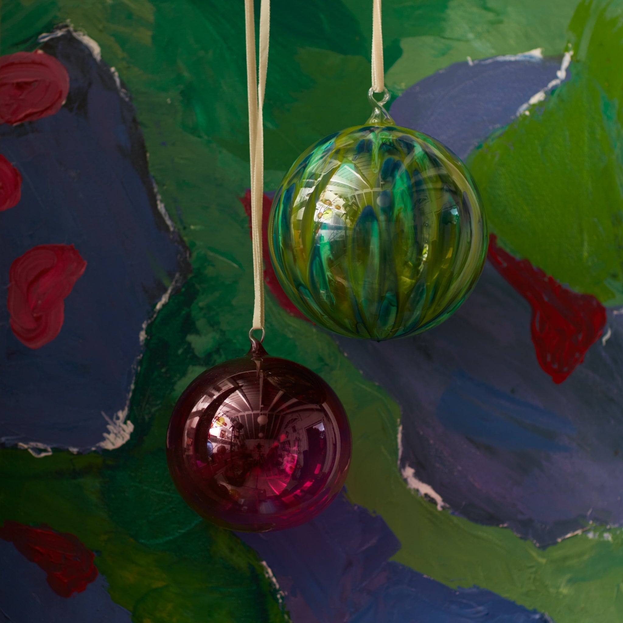 Feather Paint Large Glass Balls - Green (Set of 2)