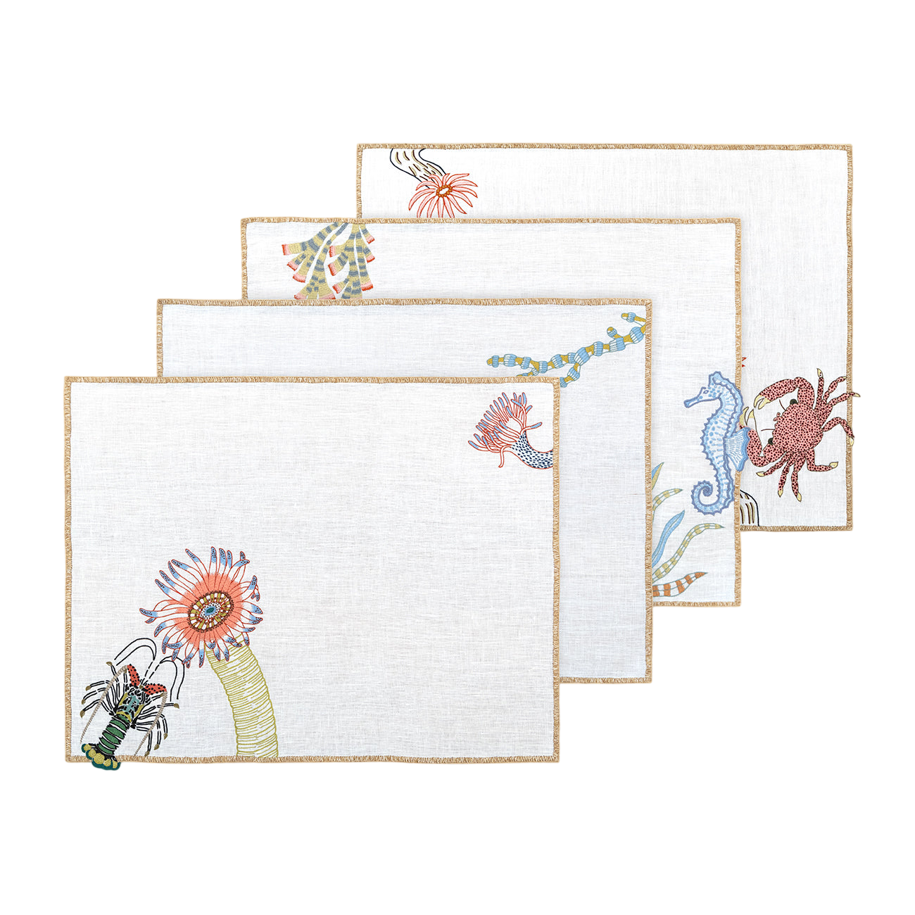 Hand Embroidered Marine Life Placemats 14" × 18" (Set of 4)