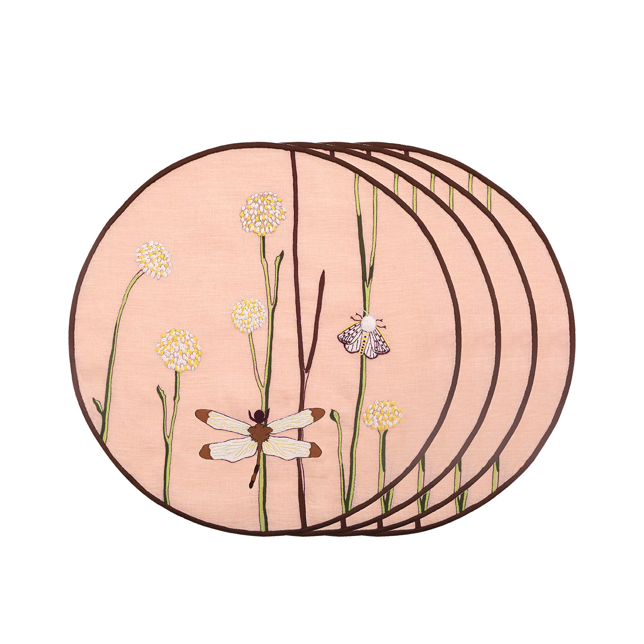 Hand Embroidered Flora and Flutter Placemats 16" round (Set of 4)