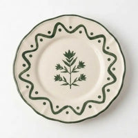 Hand-Crafted Ceramic Scalloped Green Floral Plate