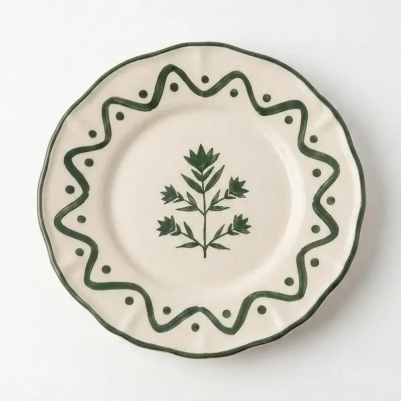 Hand-Crafted Ceramic Scalloped Green Floral Plate