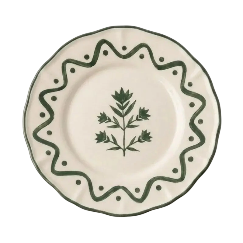 Hand-Crafted Ceramic Scalloped Green Floral Plate