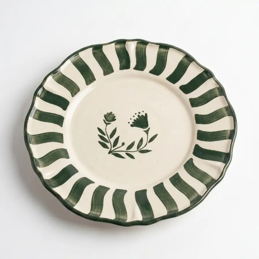Hand-Crafted Ceramic Striped Green Floral Dinner Plate