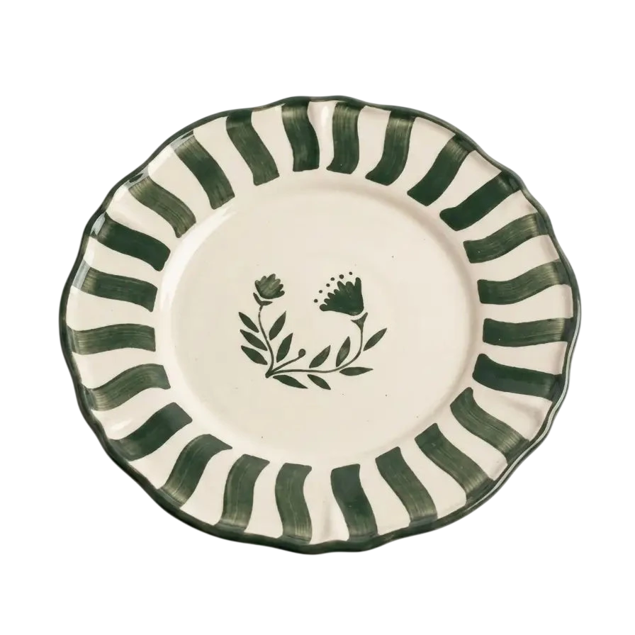 Hand-Crafted Ceramic Striped Green Floral Dinner Plate