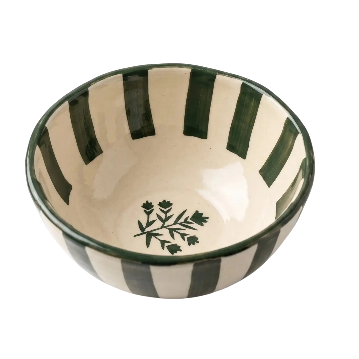 Hand-Crafted Ceramic Striped Green Floral Bowl
