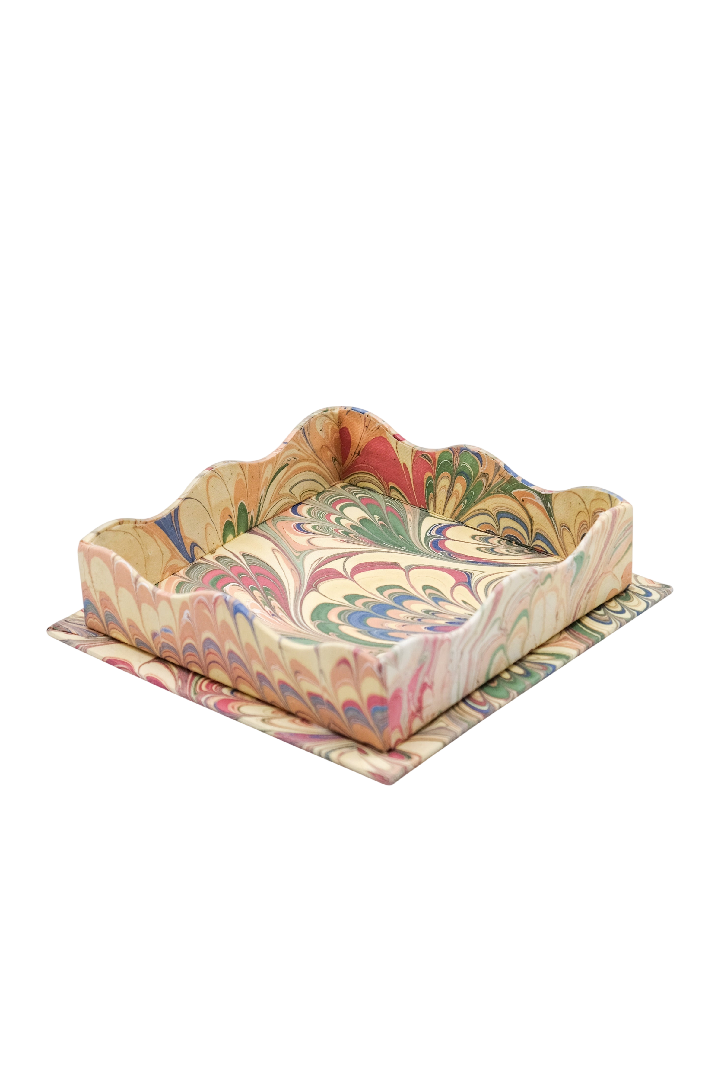 Nesting Scalloped Hand-Marbled Trays in Multicolor