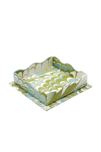 Nesting Scalloped Hand-Marbled Trays in Robin Blue