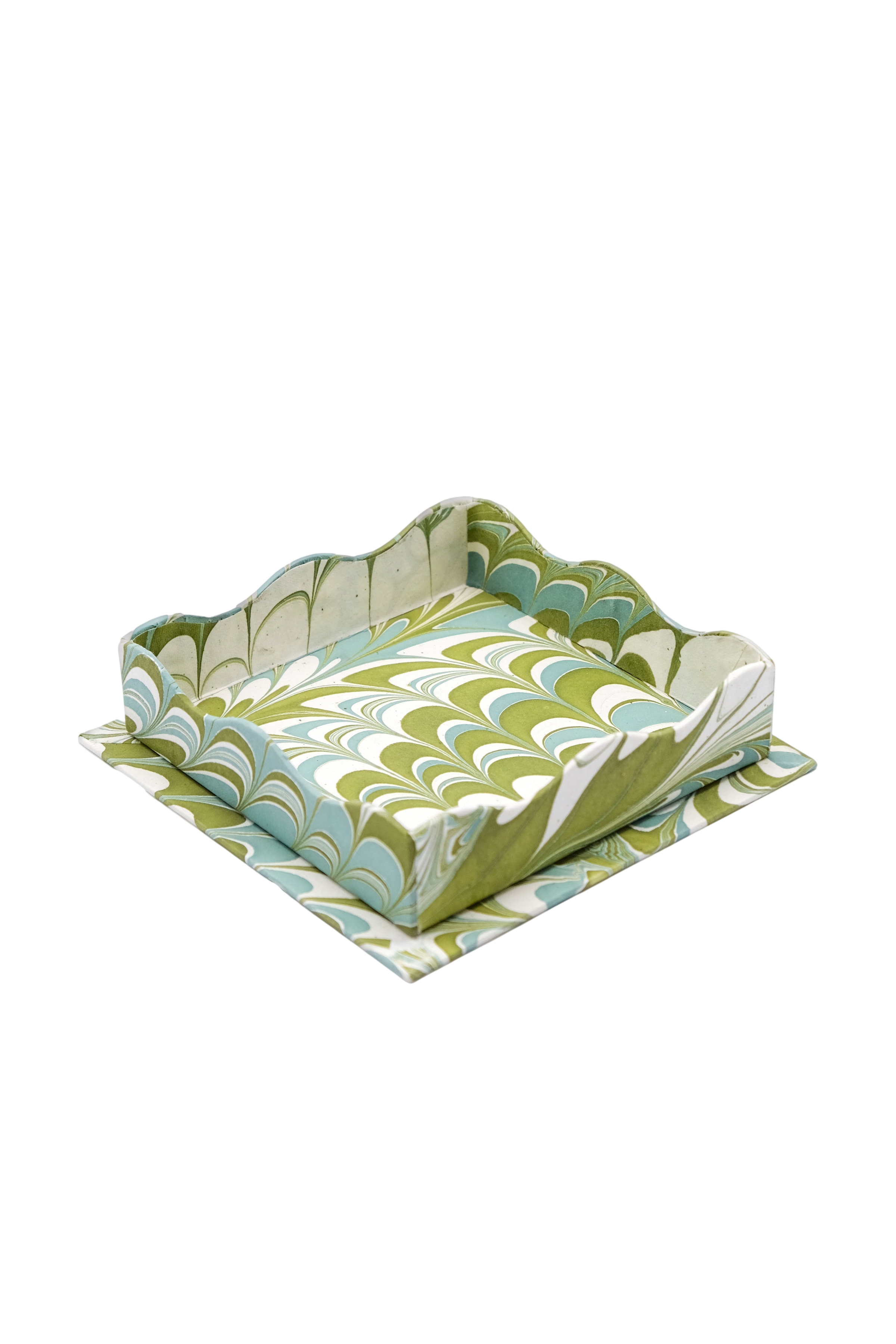 Nesting Scalloped Hand-Marbled Trays in Robin Blue