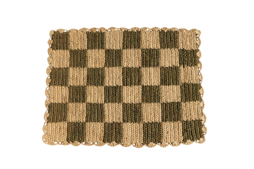 Green checked Placemat, Rectangular raffia tabletop