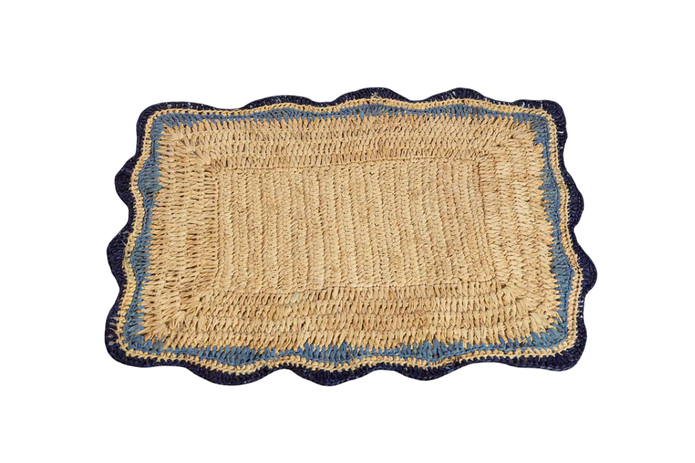 Garden Party placemats with Blue Edges, Handmade Woven Rectangular Table Mats, Natural raffia boho Placemat for Dining Table