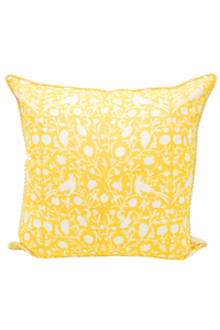Birds of a Feather Blockprint Reversible Pillow in Saffron Yellow