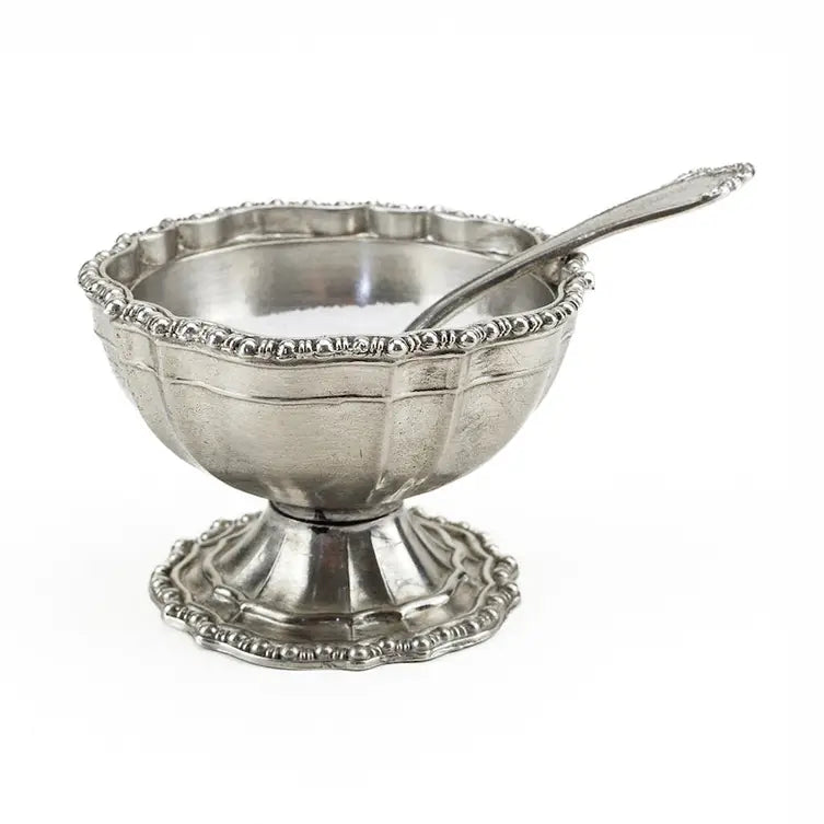 Vintage Beaded Pewter Salt Cellar with Spoon