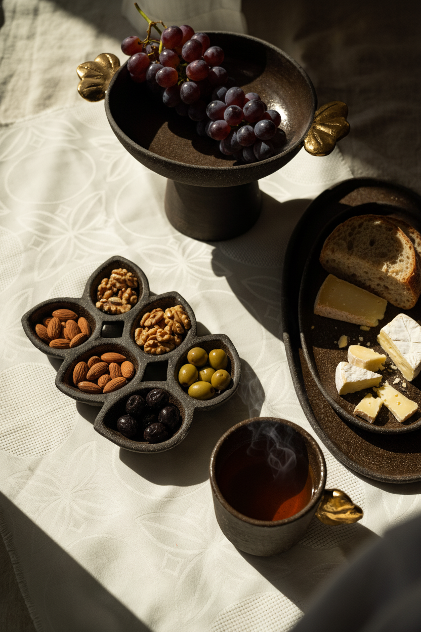 Stoneware Fruit Bowl "Pumpernickel" with Gold Leaves