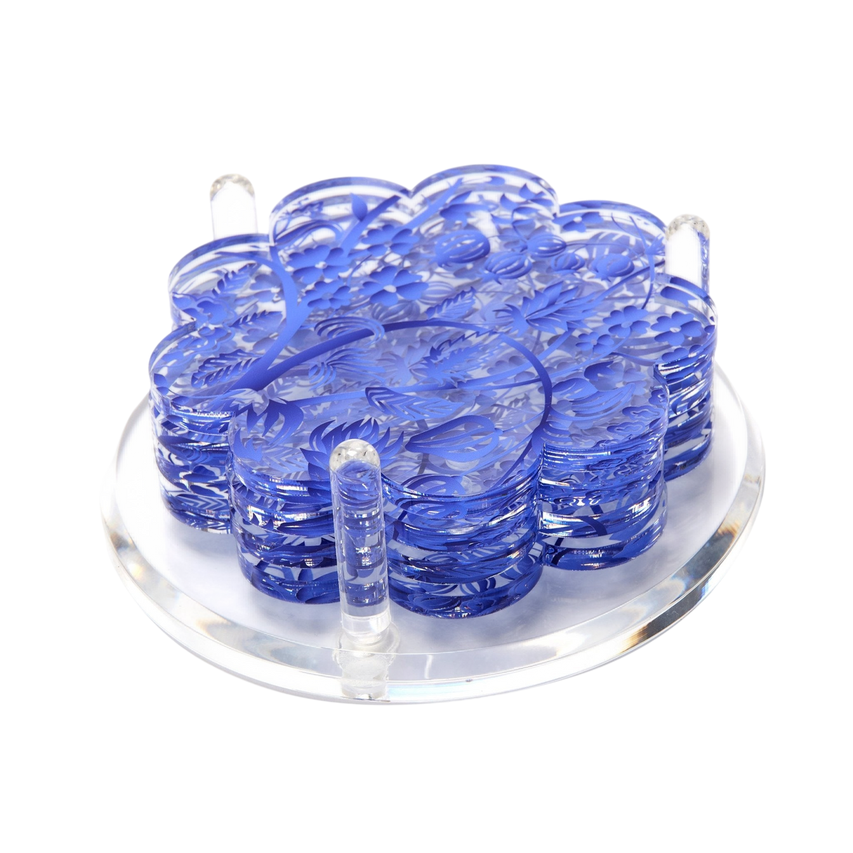 Blue Toile Acrylic Scallop Drink Coasters