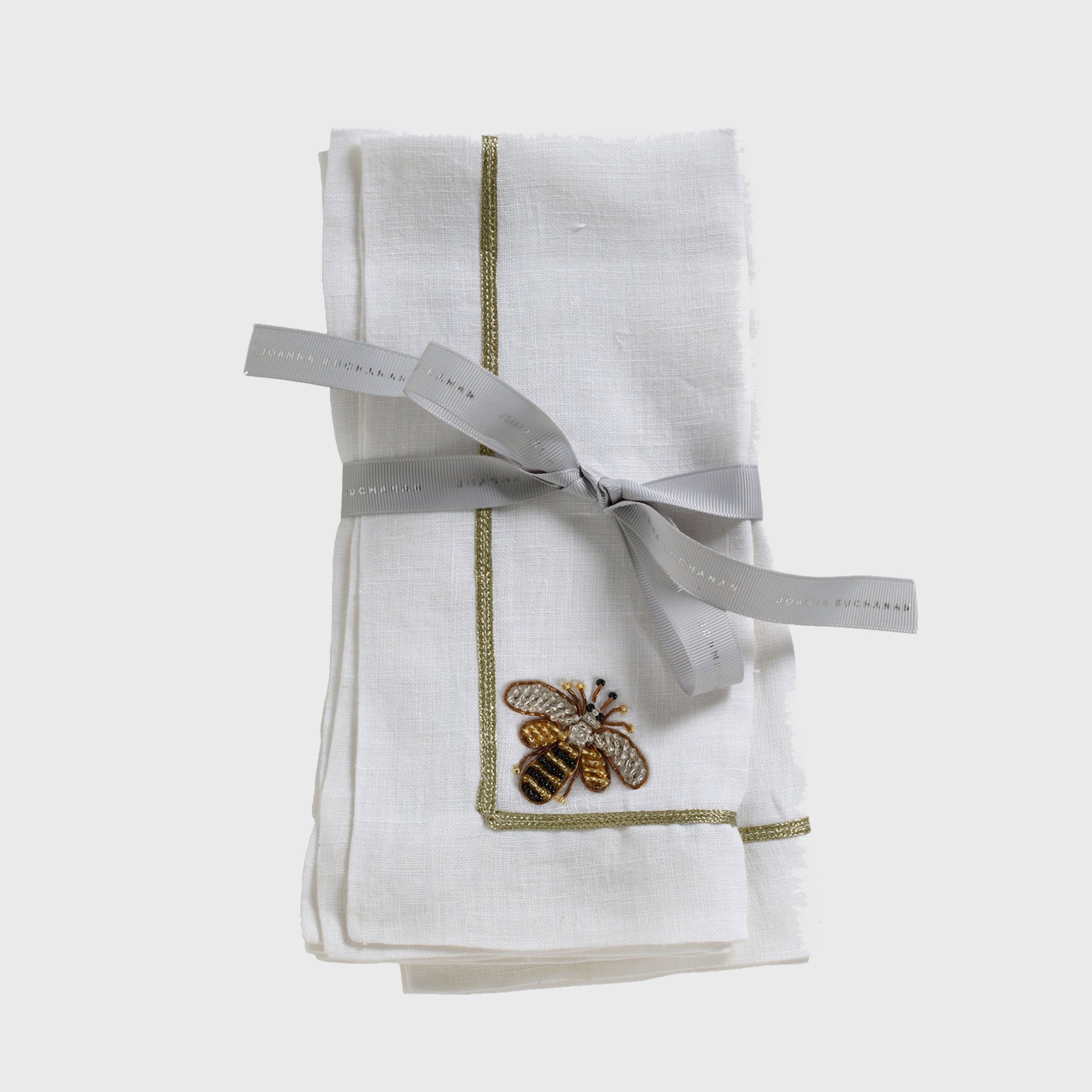Stripey Bee Linen Dinner Napkins - White (Set of 2)