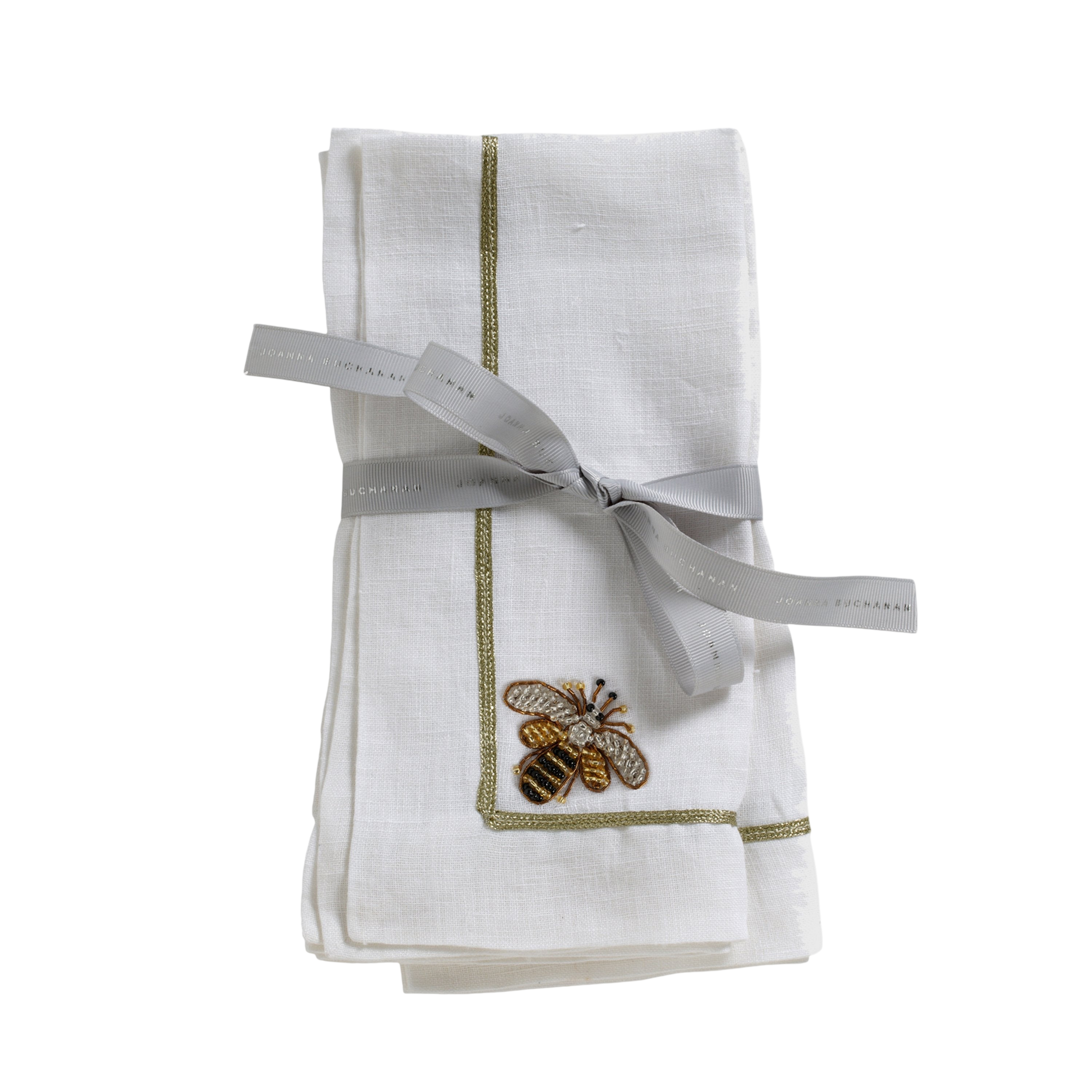Stripey Bee Linen Dinner Napkins - White (Set of 2)