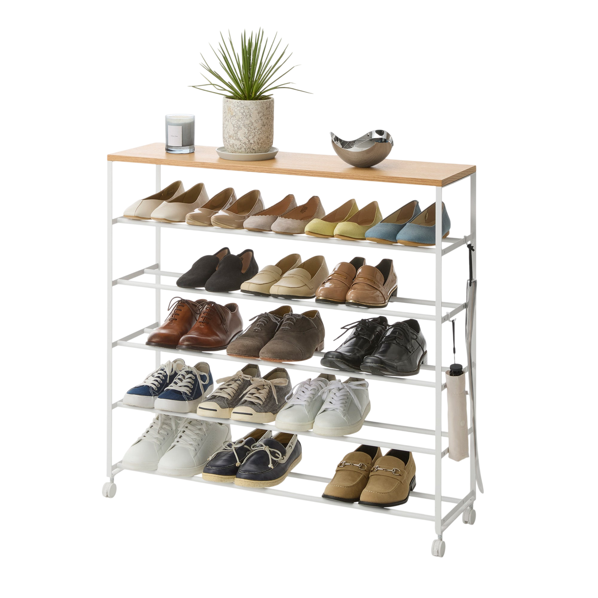 Rolling Five-Tier Shoe Rack (34.25" H)  - Steel + Wood