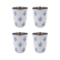 Floral Blue Short Enamelware Tumblers - Set of 4