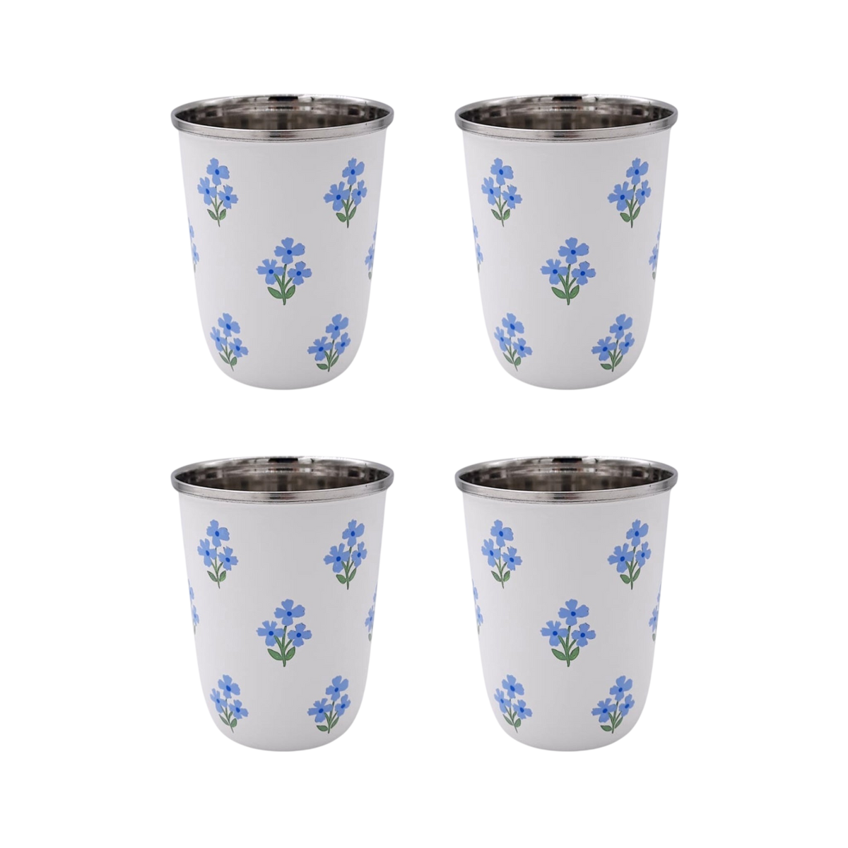 Floral Blue Short Enamelware Tumblers - Set of 4