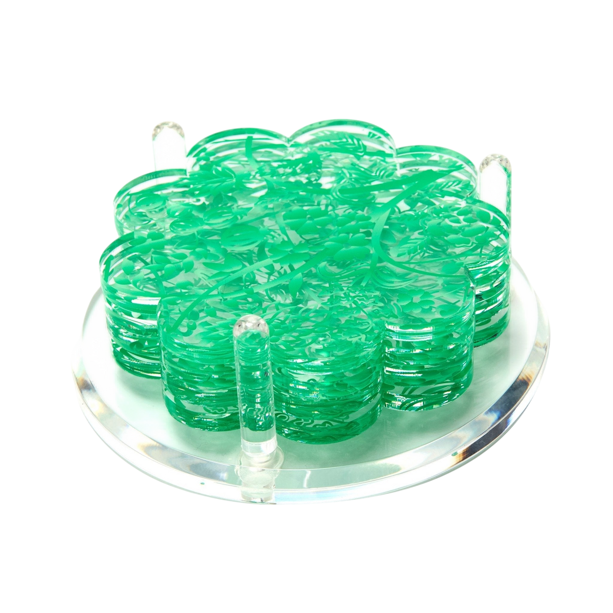 Green Toile Acrylic Scallop Drink Coasters