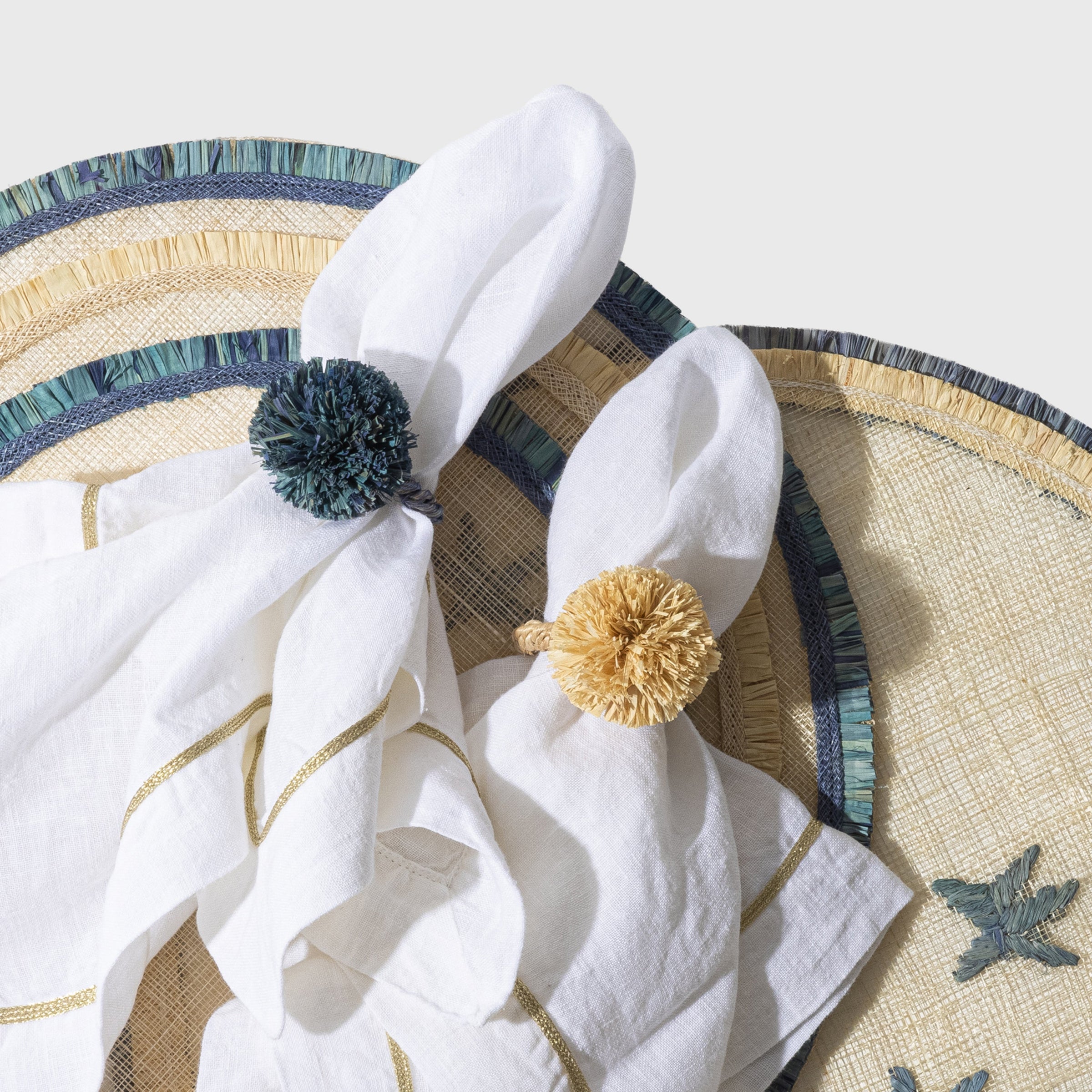 Straw Pompom Napkin Rings - Indigo (Set of 4)
