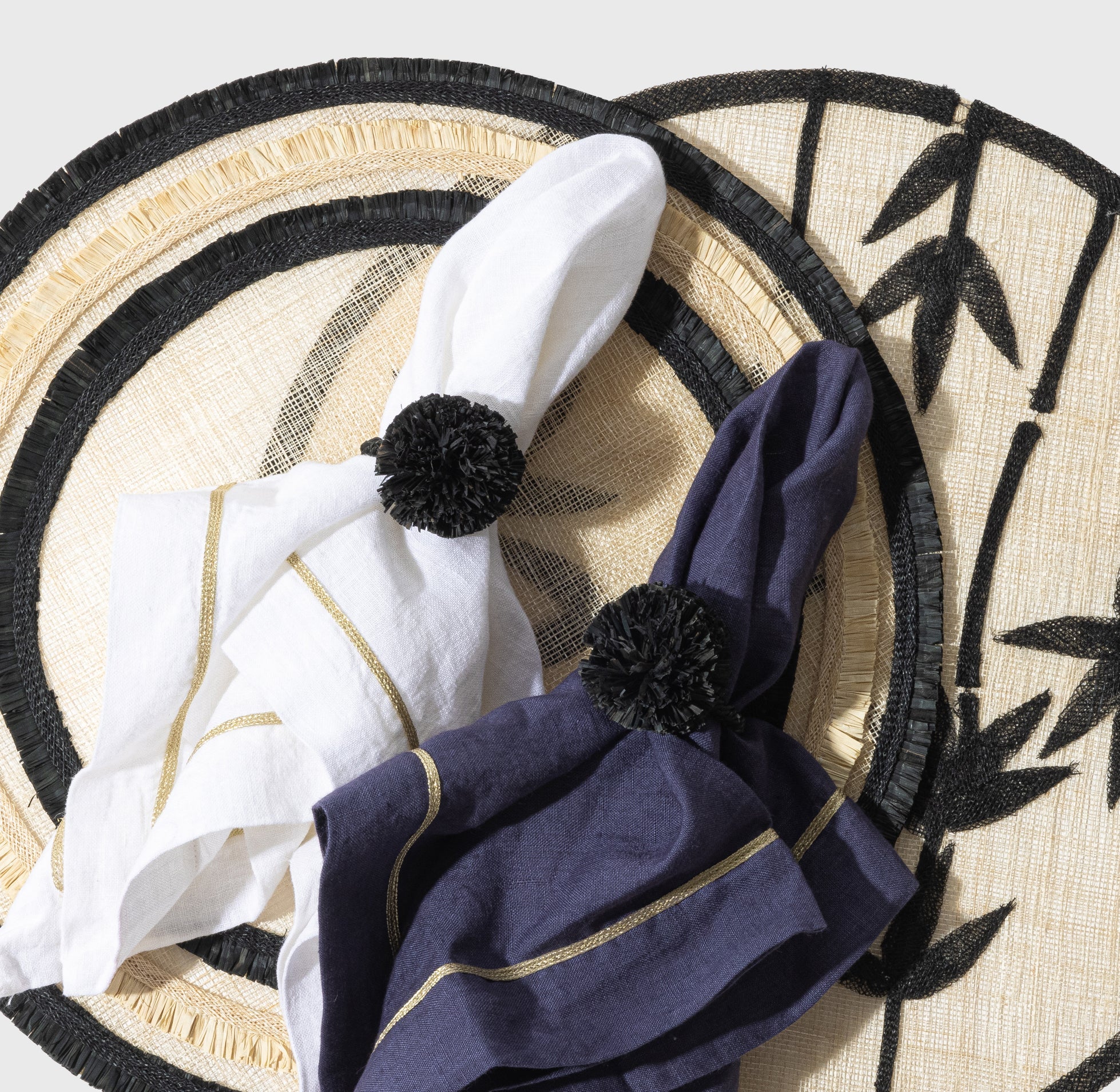 Straw Pompom Napkin Rings - Black (Set of 4)