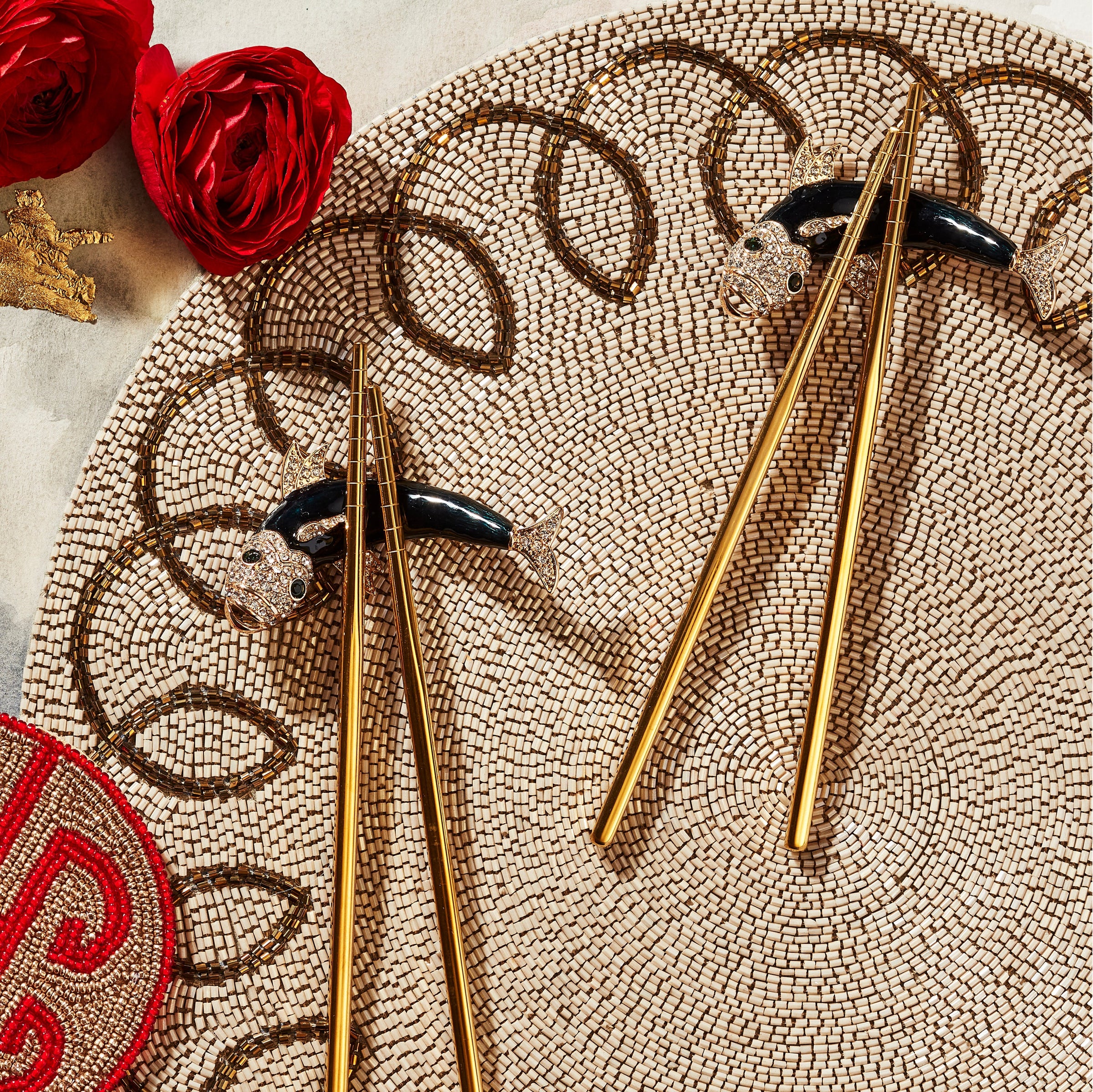 Enamel Koi Chopstick Rests and Chopsticks (Set of 4)