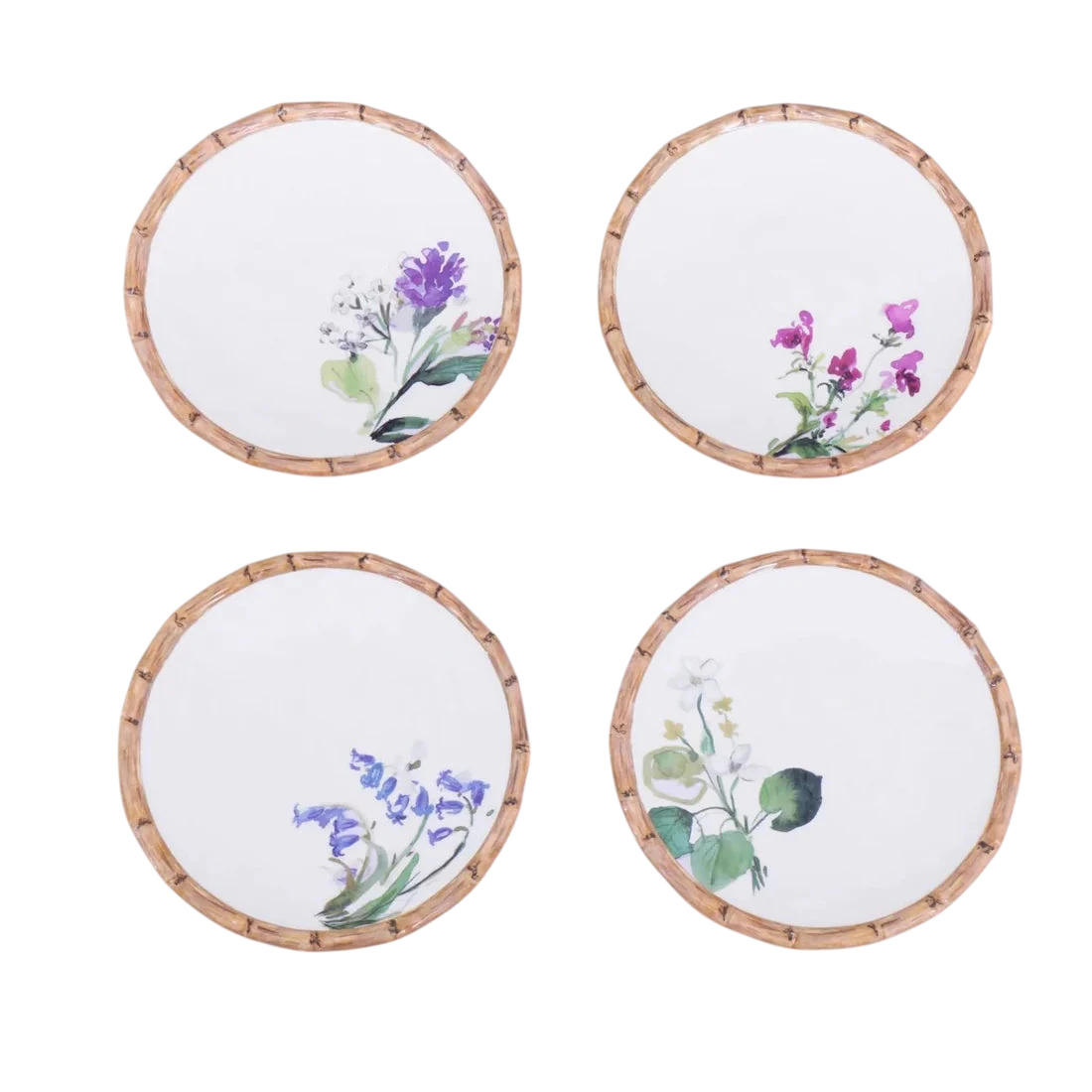 VIDA Bamboo Floral Salad Plates Set of 4 (White and Multi)