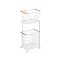 Rolling Laundry Cart + Wire Baskets (38" H)  - Steel + Wood