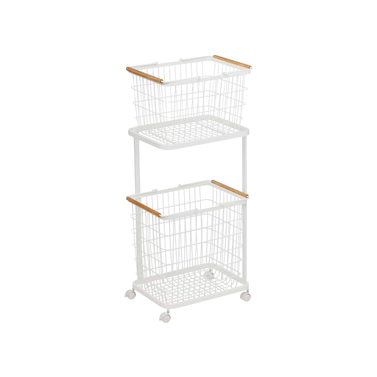 Rolling Laundry Cart + Wire Baskets (38" H)  - Steel + Wood