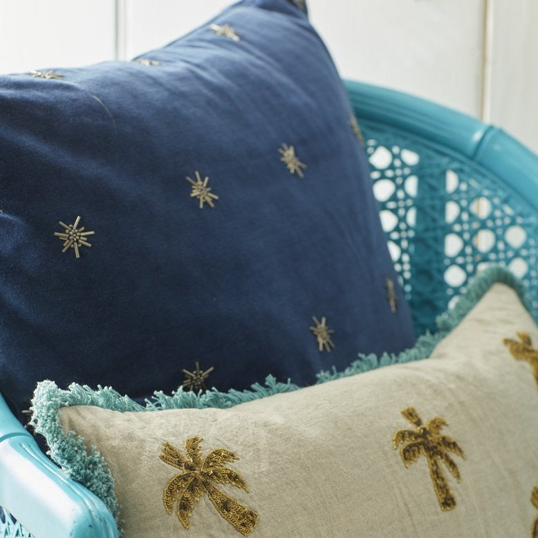 Embroidered Star Pillow - Navy Cotton Velvet